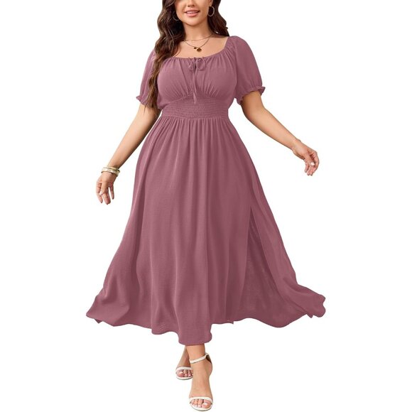 Plus Size Maxi Dress Smocked Square Neck Short Sleeve Flowy Long - Picture 1 of 6